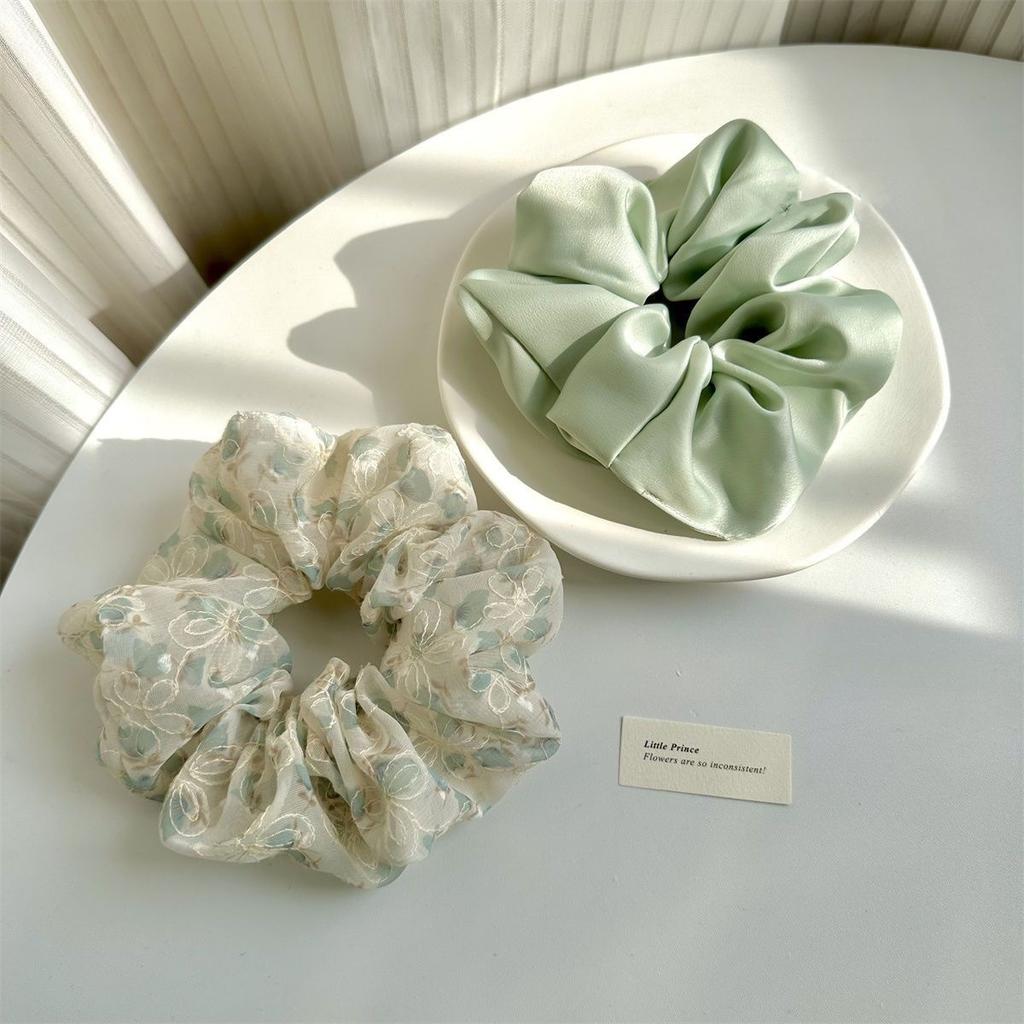 2 Stück/Set Übergroße Satin-Scrunchies Spitze Blumenstickerei Haargummis Seile Mädchen Luxus Pferdeschwanzhalter Spitze Fee Gummibänder