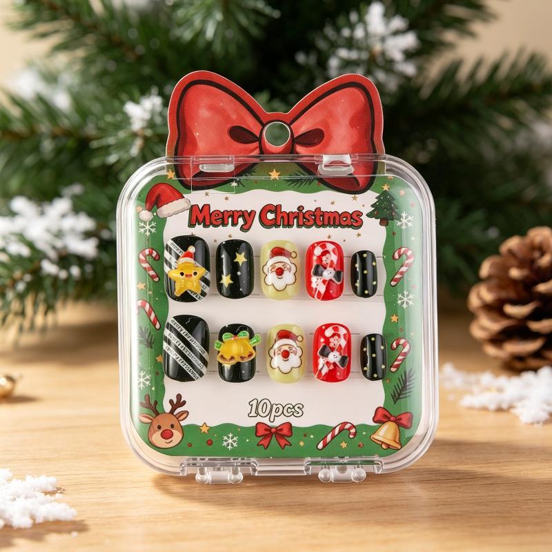 10Pcs Merry Christmas Ins Trend Press On Nails Chic Nail Patch Ladies Cute 3D Christmas Tree Santa Claus Decoration Nail Art