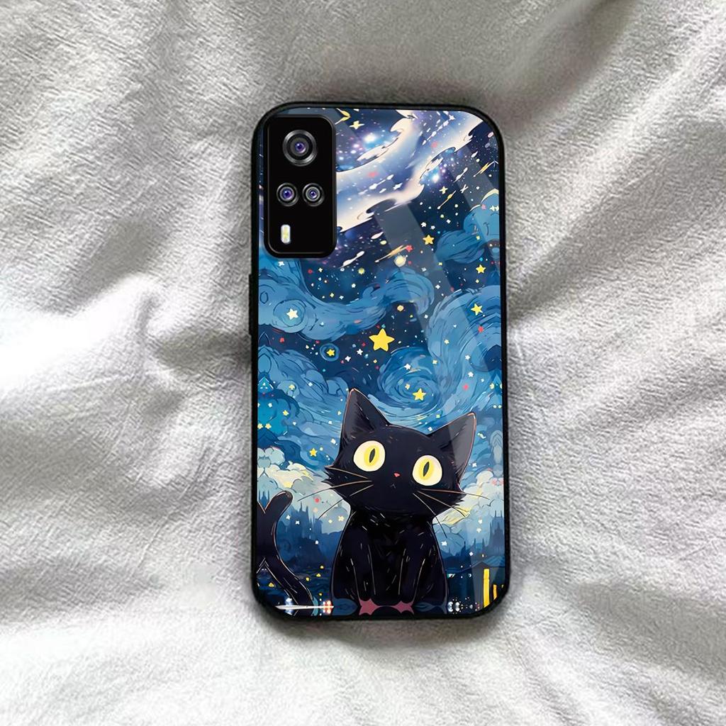 Case for Vivo Y53s 4G Y51 Y31 2020 Anime Black Cat Starry Cloud Print Phone Cover Acrylic Hard Back Shell With Flexible TPU Edge