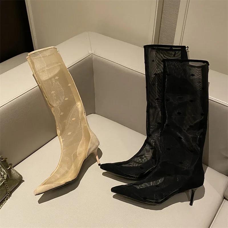 Fashion Eilyken Sexy Mesh Women Knee-High Boots Thin Heels Pointed Toe Fashion Zipper Sandals Shoes Zapatillas De Muje