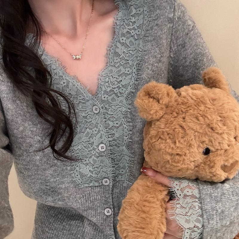 Lace Splicing V-neck Knitted Cardigan Jacket Women's Outer Knitted Sweater Women's Autumn and Winter Sweater with Bottoming Shirt Top