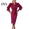Slim Fit V-neck Dress Women Formal Business Style Turn-down Collar Long Sleeve Pure Color Belt Lace-up Cross Cardigan Spring Midi OL Commuting