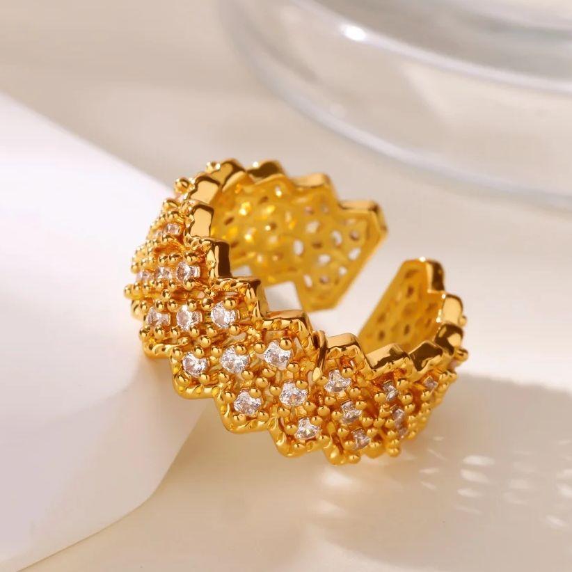Luxury Zircon Ring For Women Gold Plated Stainless Steel Geometric Ring Hypoallergenic Wedding Christmas Jewelry Gift