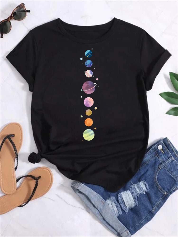 Maycaur T Shirt Women Moon Planet Print Fashion Tee Shirts Casual Round Neck Short Sleeve Streetwear Female T-Shirt Vintage Tops