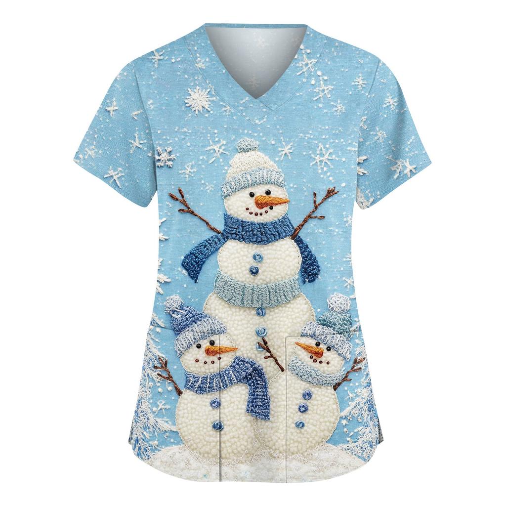 Women's Fashionable V-neck Workwear Christmas Printed Short Sleeved Pocket Side Slit Workwear Basic Pullover Top