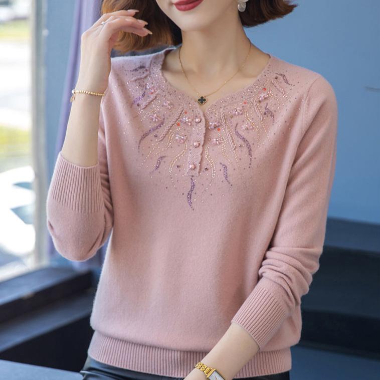 

Осенне-зимний женский кашемировый трикотаж Вышитые стразами свитера больших размеров Свободный пуловер Шерстяной свитер 3XL розовый