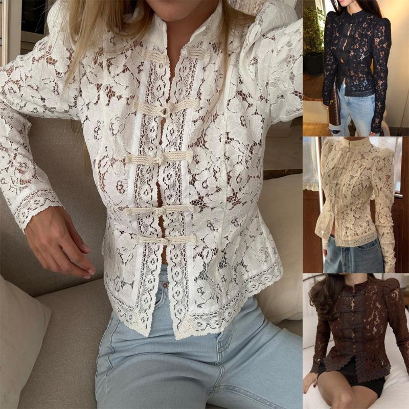 Summer New Women's Top Fashion Temperament Casual Lace Stand-up Collar Slim-fit Shirt
