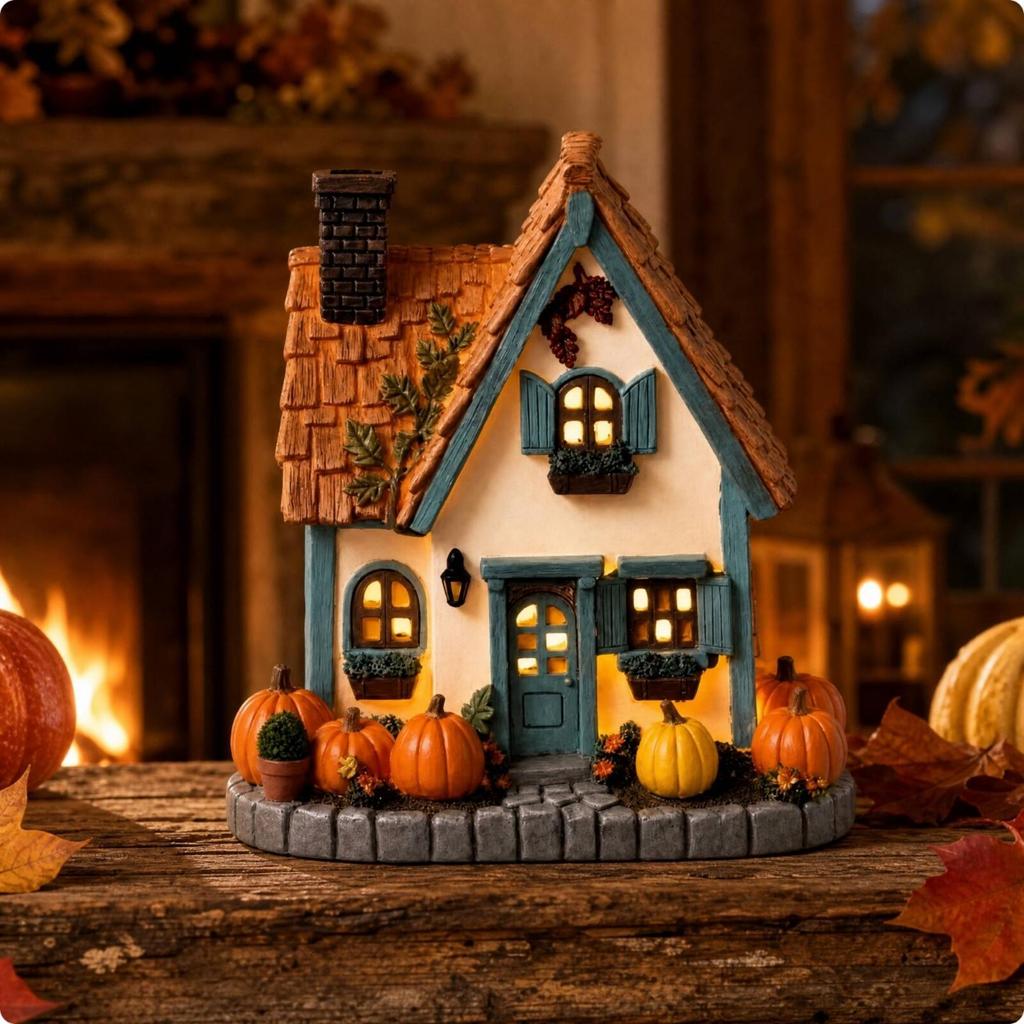 Seasonal Hand-Painted Harvest Cottage Statue Rustic Miniature Farmhouse Ornament