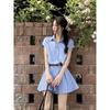 Women's Summer Blue Striped Polo Collar Pleated Shirt Dress with Waist-Cinching Design