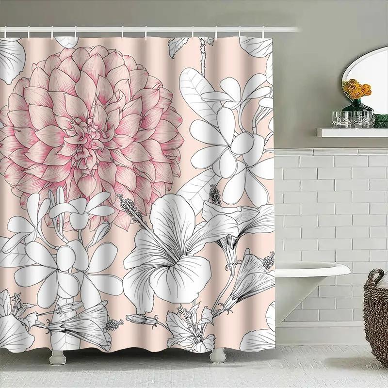 Luxury Bathroom Shower Curtain Floral Design Waterproof Fabric Decorative Home Decoration Size Customizable With Rings Set