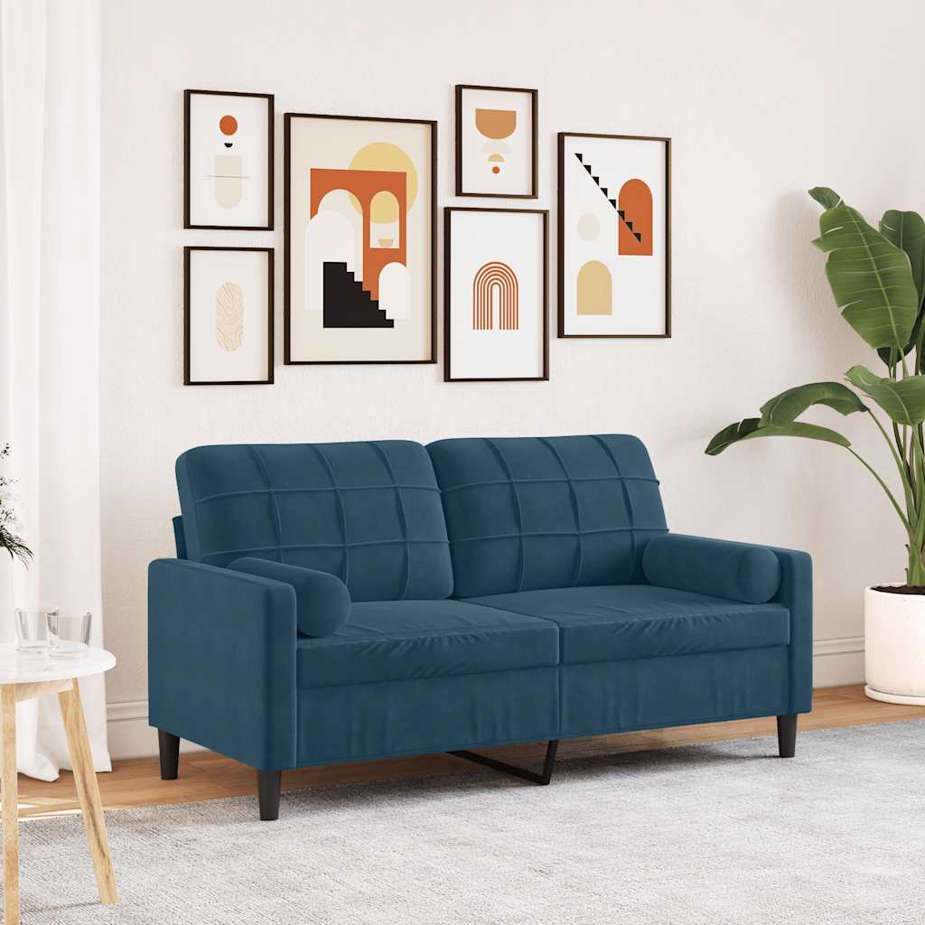 2 Seater Sofa with Decorative Cushions Blue 140 Cm Velvet
