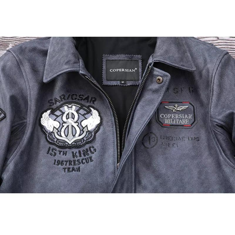 Chinese Size Blue Genuine Leather Jacket for Men Real Cowhide Skin Military A2 Flight Suit Embroidered Pilot Coats Mens Aviation Clothing Autumn