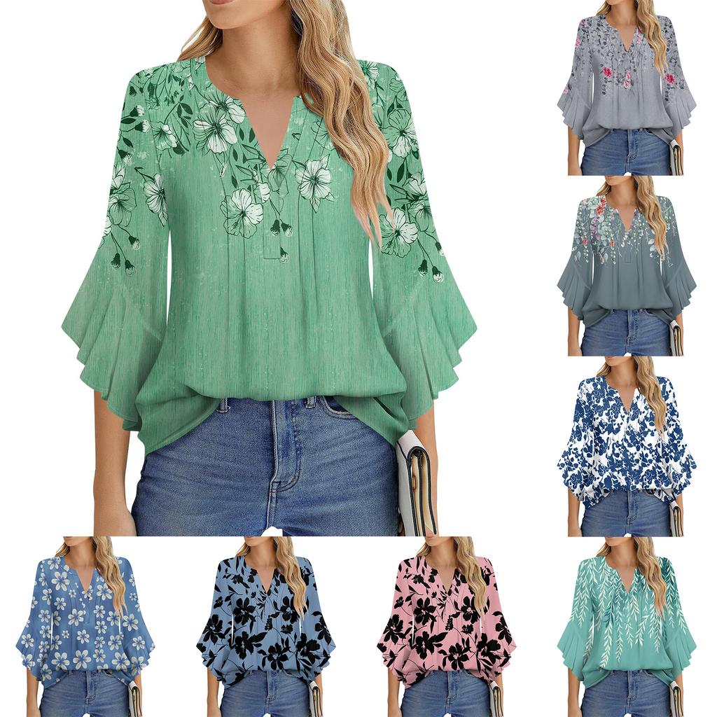 Women's Fashion Casual Pleated V-Neck Solid Color Three-quarter Sleeve T-Shirt Elegant Top