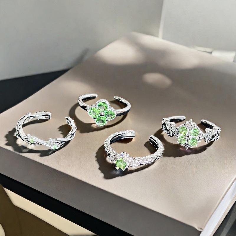 Spring And Summer Color Treasure Olive Green Zir*****Pen Ring Branches Flowers Full Of Diamonds High-End Light Luxury Personality Ring