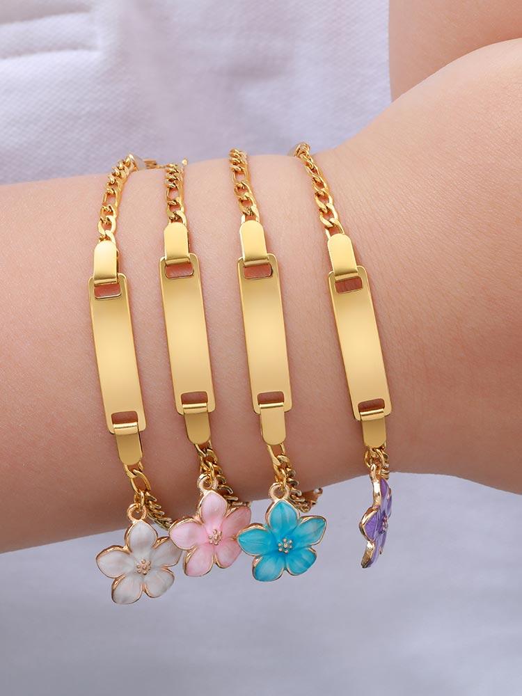 Stainless Steel Engravable Bar ID Namedate Bracelet, Cherry Blossom Charms Kids Bracelet, Personalized Newborn Birthday Gift