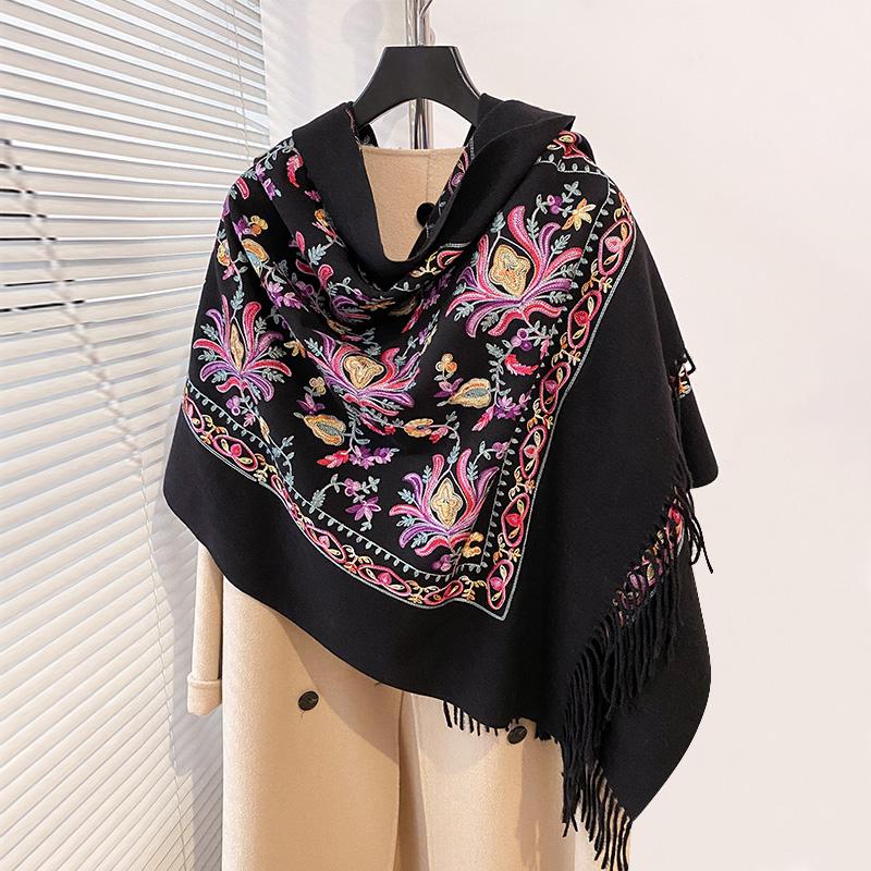Luxury High Quality Embroidery Scarf Elegant Women Winter Thick Warm Neck Pashmina Long Fringe Scarves Lady Blanket Soft Shawl