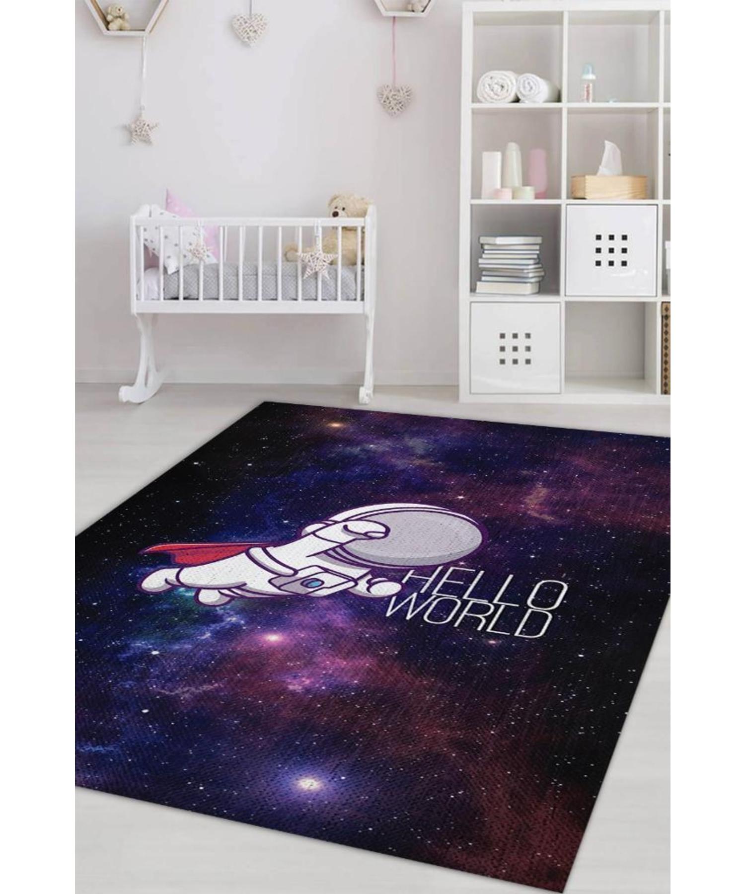 

Hello World Cotton Woven Based Washable Non-Slip Decorative Kids Room Carpet