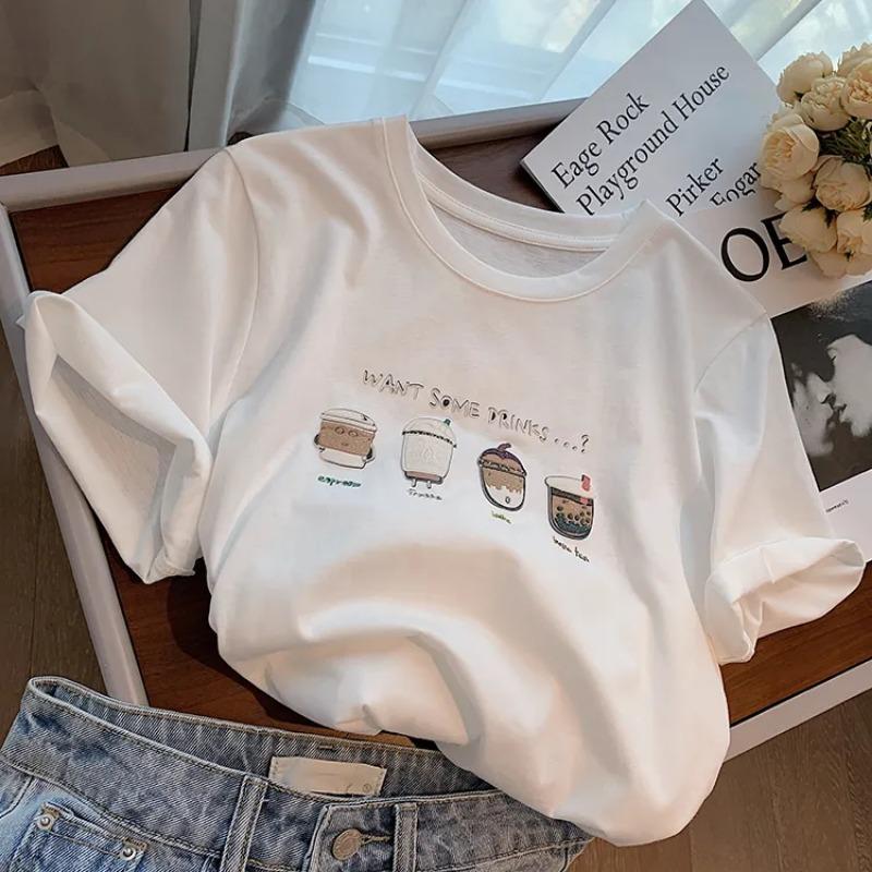 

Women s Cream T-Shirt Casual Crew Neck Short Sleeve Drink Print Loose Fit Top S белый