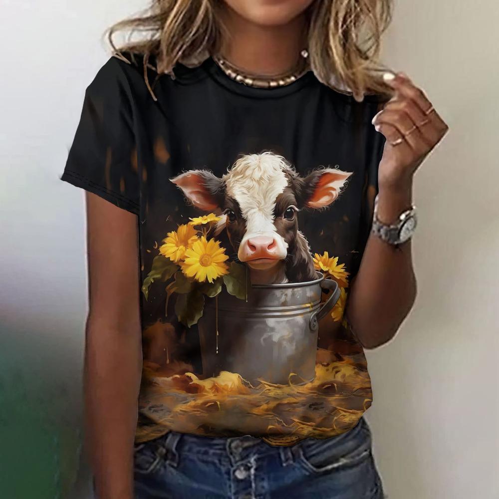 Vintage Cartoon Yak Print Tees Ladies Short Sleeve T Shirt 2025 Summer Casual Daily