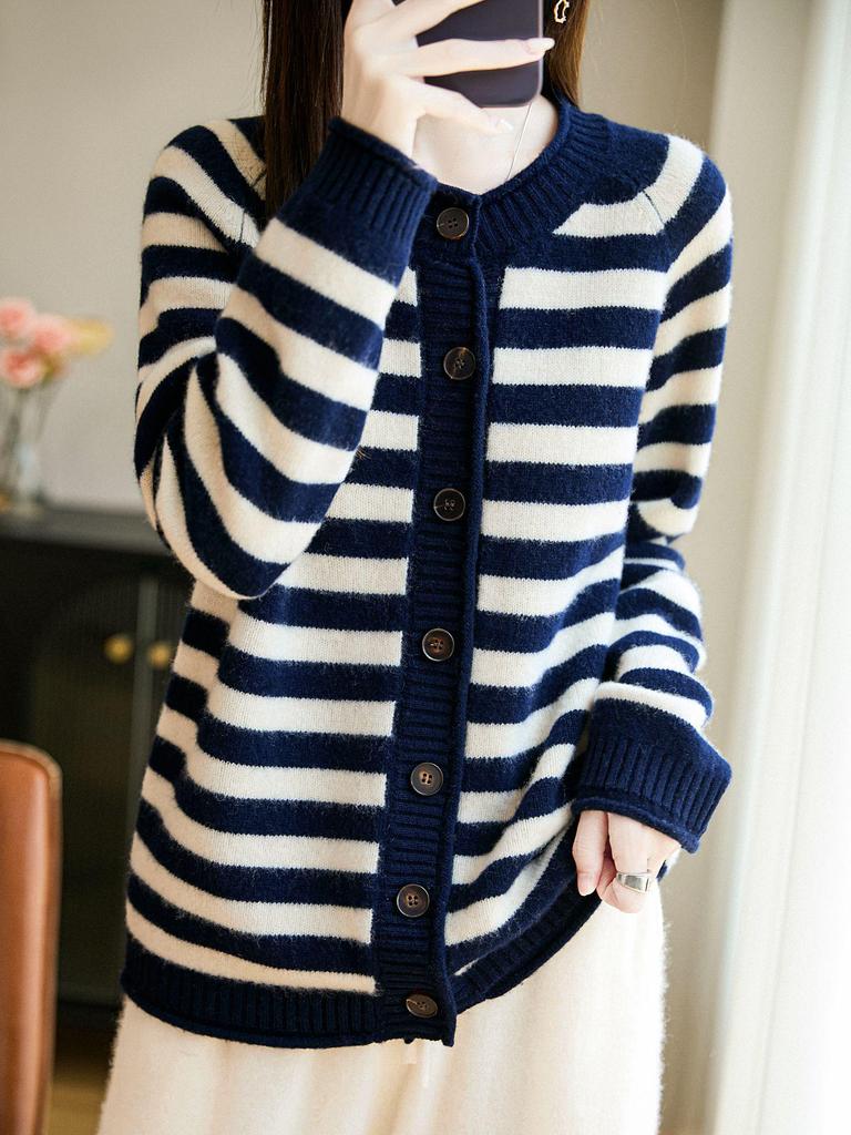 Women's Striped Pure Wool Cardigan - Seven-Needle Thickened, Round Neck, Autumn/Winter, Loose Knit Sweater Coat