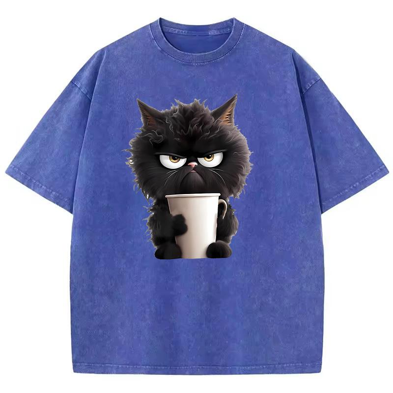 T Shirt Vintage Coffee Cat Washed Cotton TShirt Graphic Tee Casual Streetwear Spring Summer