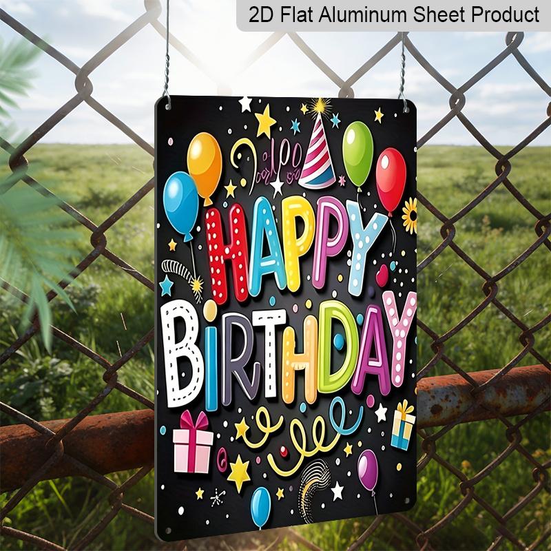2D Flat, 1pc Colorful "Happy Birthday" Balloon & Gift Metal Wall Art Sign - 8*12 Inch Aluminium Fun Party Decor, Black Background Festive Plaque