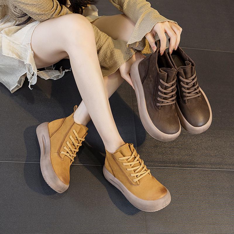 New Style Shoes: Ankle Boots Women's Shoes Retro Lace-up Thick-soled Women's Boots Round-toed Mid-calf Boots