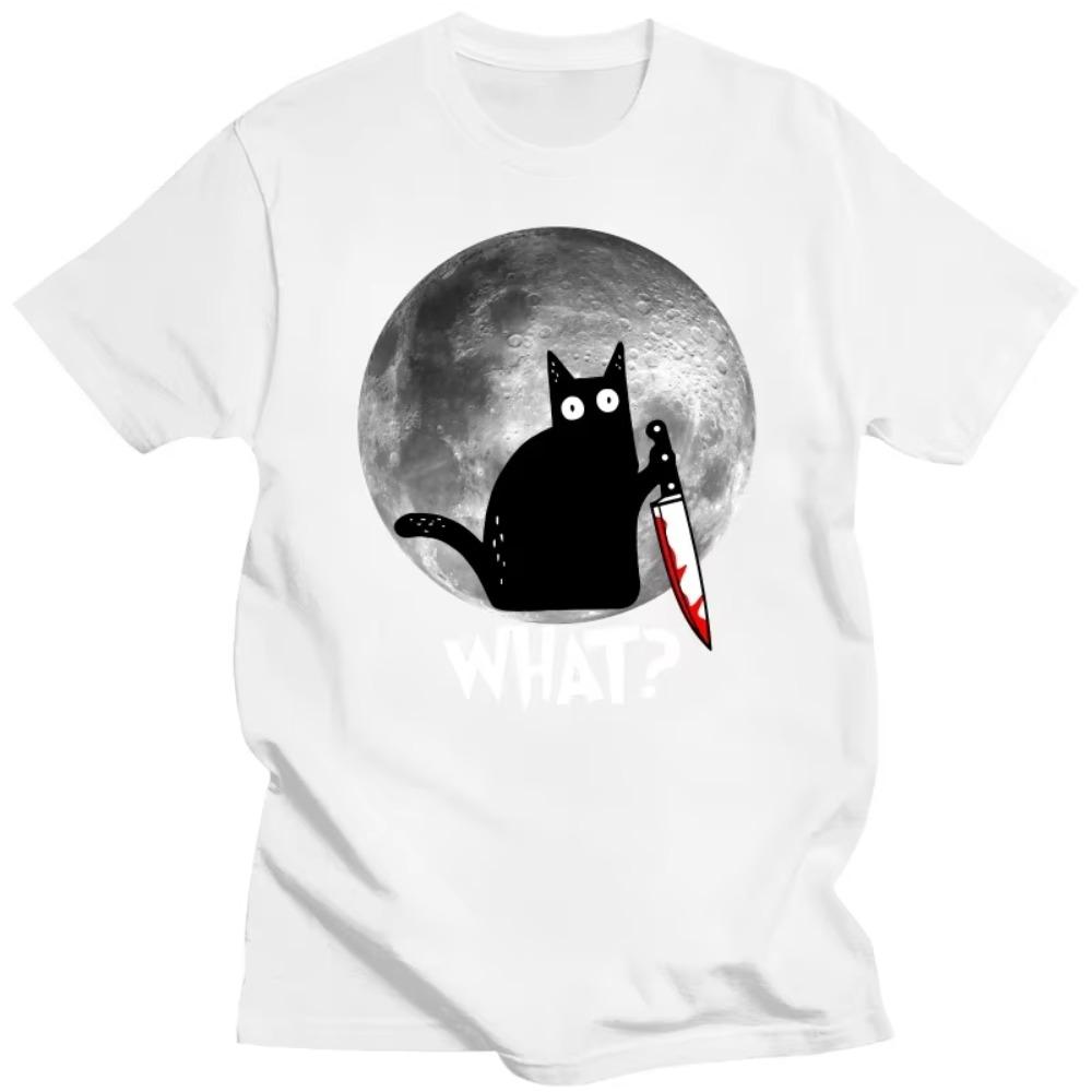 Fashion What Cat Full Moon T Shirts Men Short Sleeved Funny Halloween Black Tshirt Murderous Cat With Knife T-shirt Graphic Tee