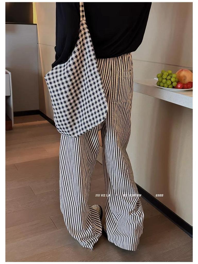 Women's Petite Retro Vertical Striped Wide-Leg Pants - Summer Casual Loose Fit