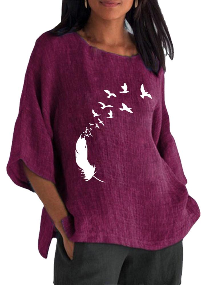 

Women Fashion Cotton Linen 3/4 Long Sleeve Top Spring&summer O Neck Print Shirt Ladies Pullover Loose Blouse 5XL