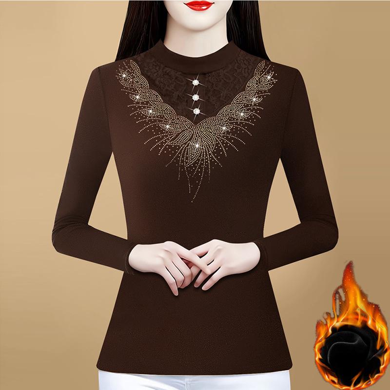 

Двухсторонняя немецкая бархатная футболка-основа для женщин весна, осень и зима новый стиль плюшевый утолщенный топ с полувысоким воротником 4XL