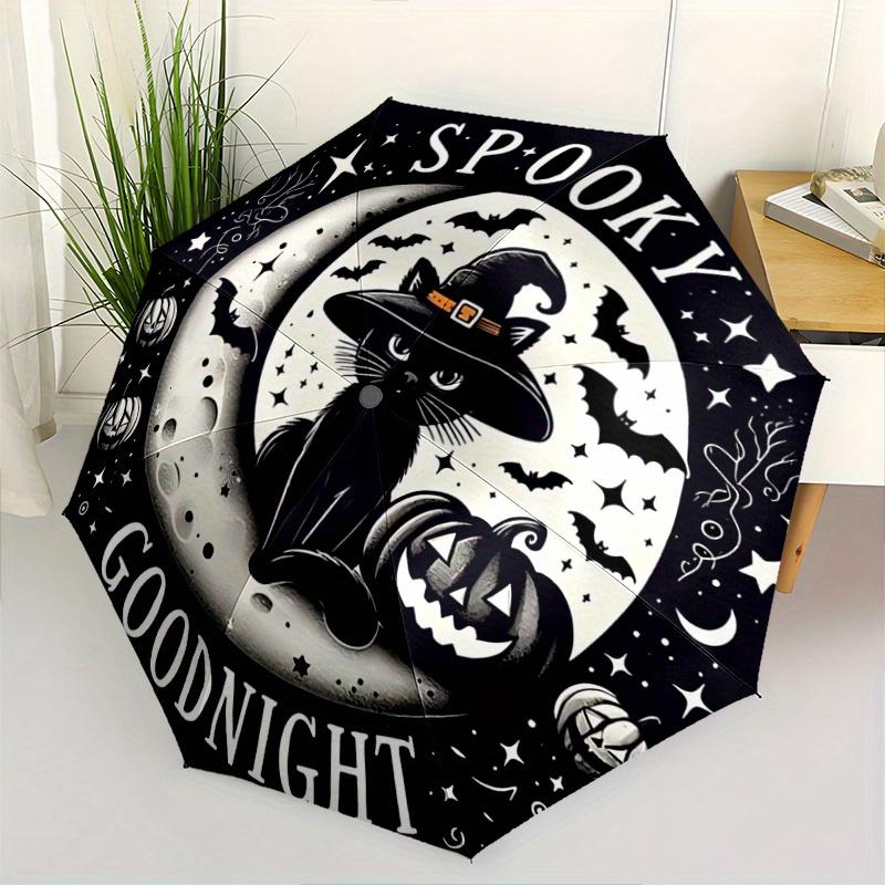 1pc Shining Moon & Wizard Black Cat Goodnight Automatic 3-Fold Umbrella Design, Cute Cartoon Pattern, Portable Outdoor Umbrella, Perfect, Holiday