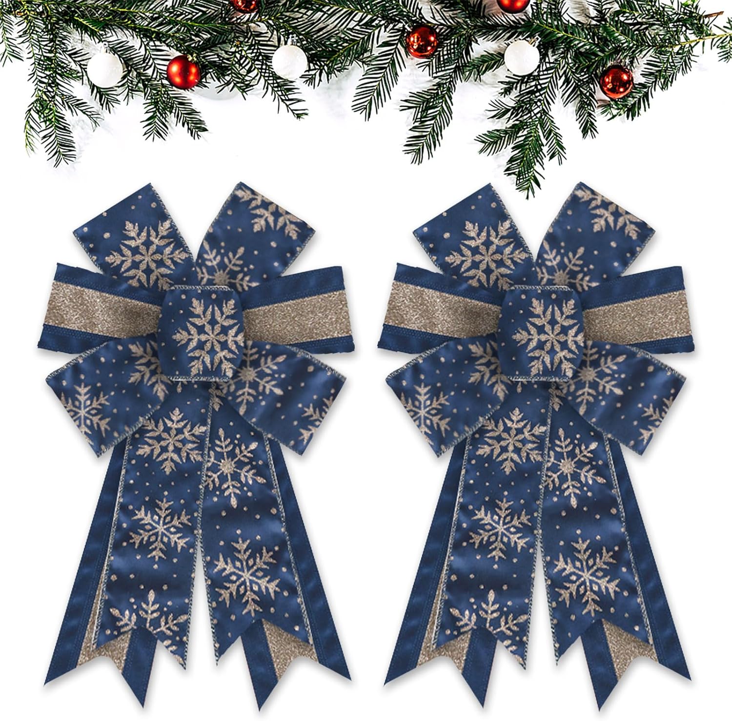 

2PCS Christmas Bows Blue Gold Glitter Stripe Xmas Snowflake Bows Vintage Blue Tree Topper Bows for Christmas Home Decoration 12.99 x 8.46 in