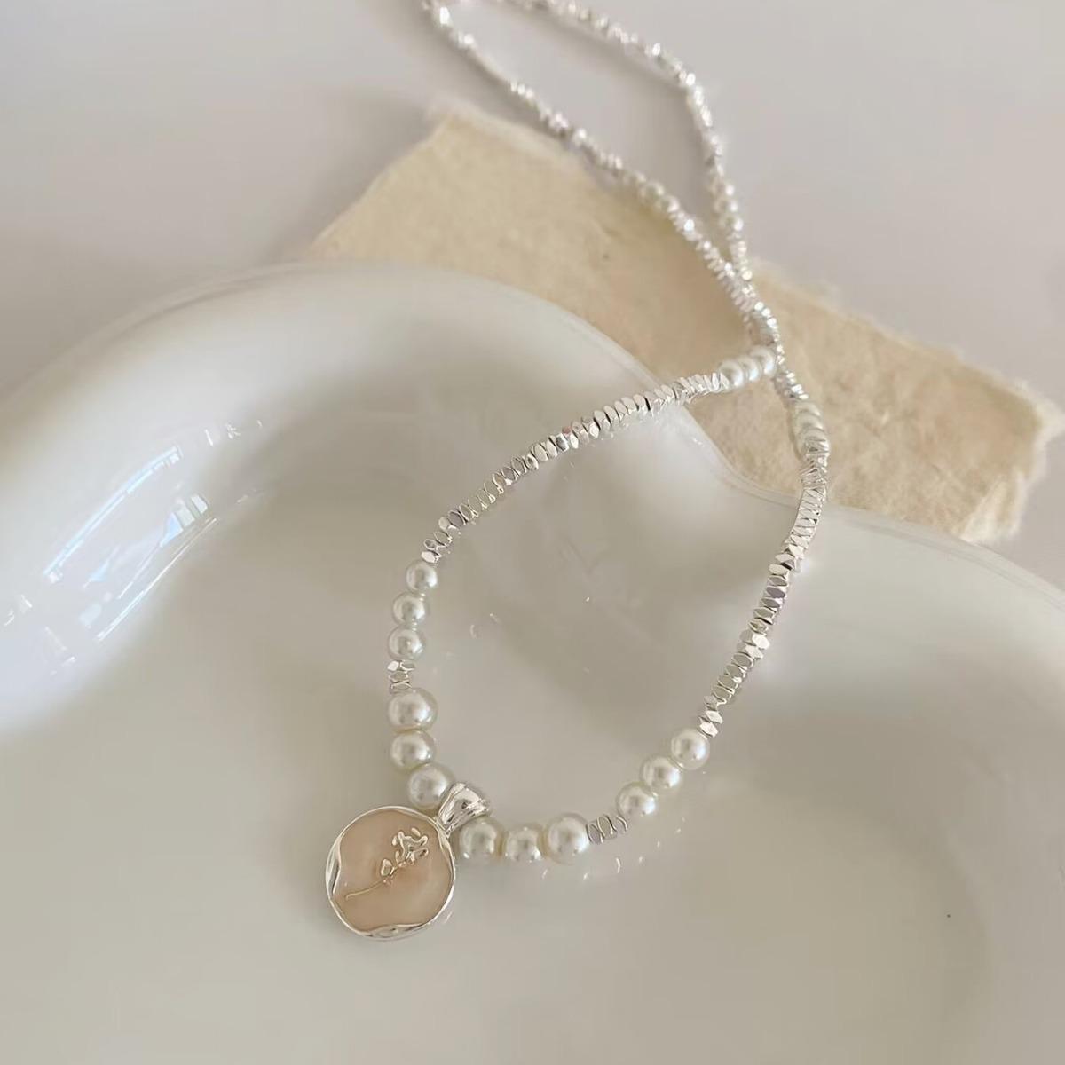 Elegant French Rose Drip Glaze Pearl Necklace - Silver Foil Choker Chain