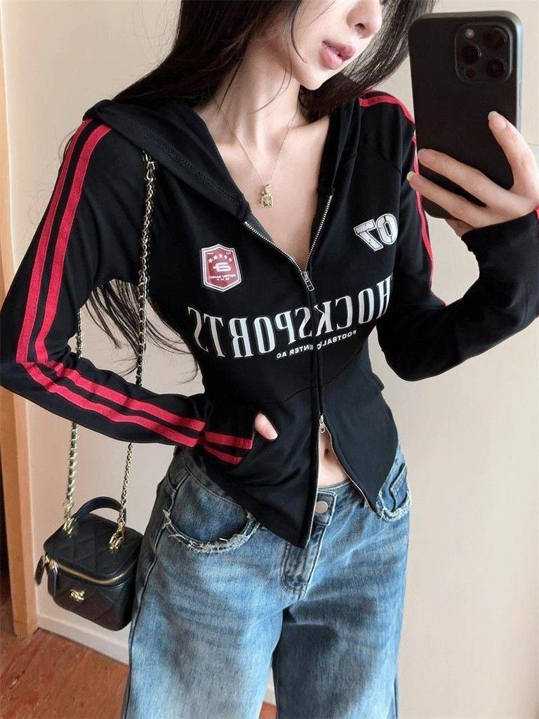 American Spicy Girl Style Hooded Jacket: Women's Slim Fit, Chic Letter Print Zipper Top for Autumn/Winter