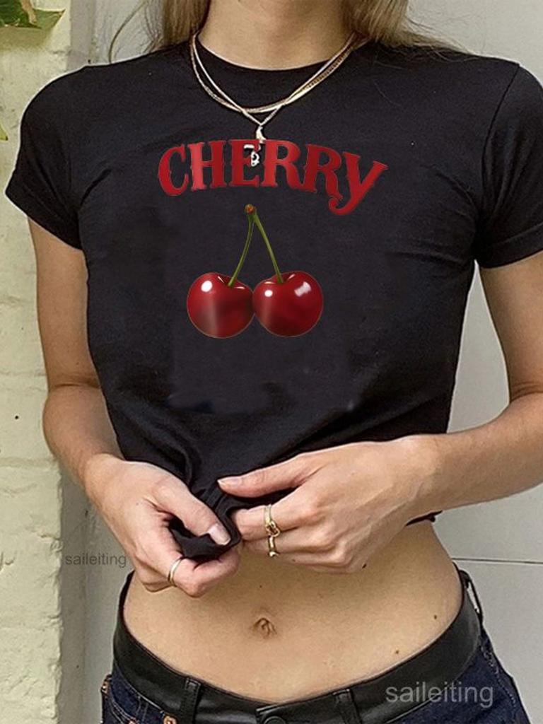 Cherry Printed Crop Top Unisexs Tshirt Short Sleeve Summer Casual Tshirt With Graphic Cherries Trendy Streetwear Tee For Girl