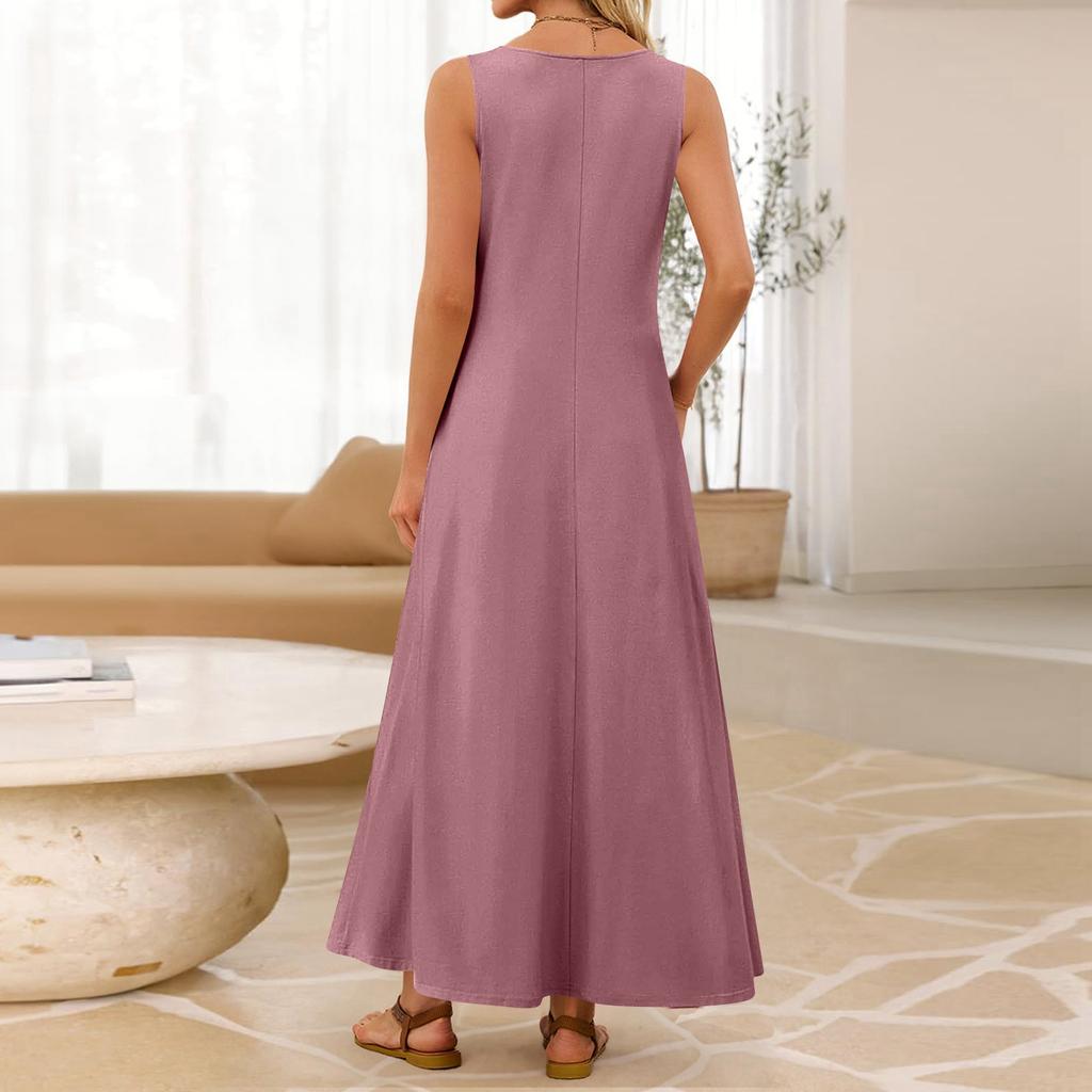 Damen Ärmelloses Lässiges Lockeres Langes Maxikleid Rundhalsausschnitt Basic Stil Strandurlaub Sommerkleid mit Dehnbarem Stoff