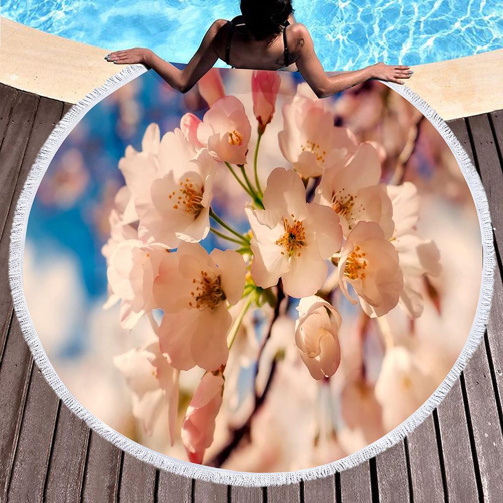 Peach Blossom Pattern Round Beach Towel, Microfiber Lightweight Beach Blanket, Soft Absorbent Quick Dry Pool Towel Picnic Mat