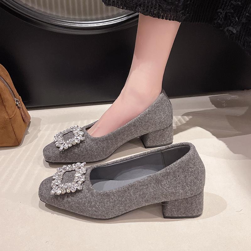 Block Heel Single Shoes Women's Square Toe Suede Crystal Buckle Anti-slip Wear-resistant Kitten Heels