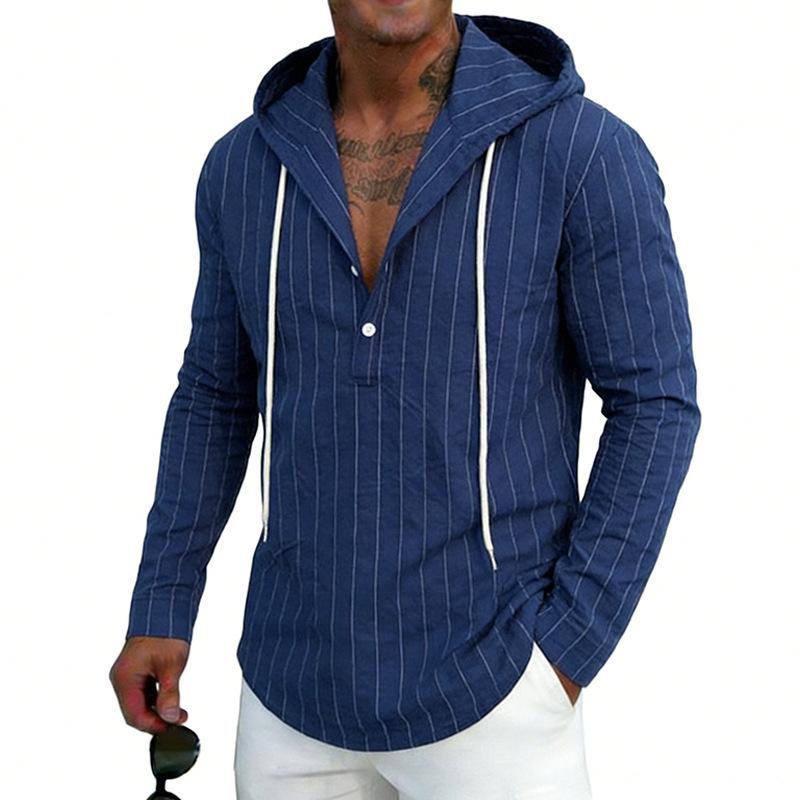 Men's Linen Striped Long Sleeve Hooded Shirt with Half Zip and Drawstring, Relaxed Fit