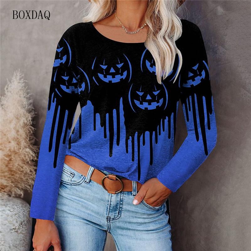 Horror Pumpkin Halloween Women Fashion T-shirts Long Sleeve 3d Print Tie-dye Street Hip Hop Ladies Tees 6XL Big Size Casual Tops