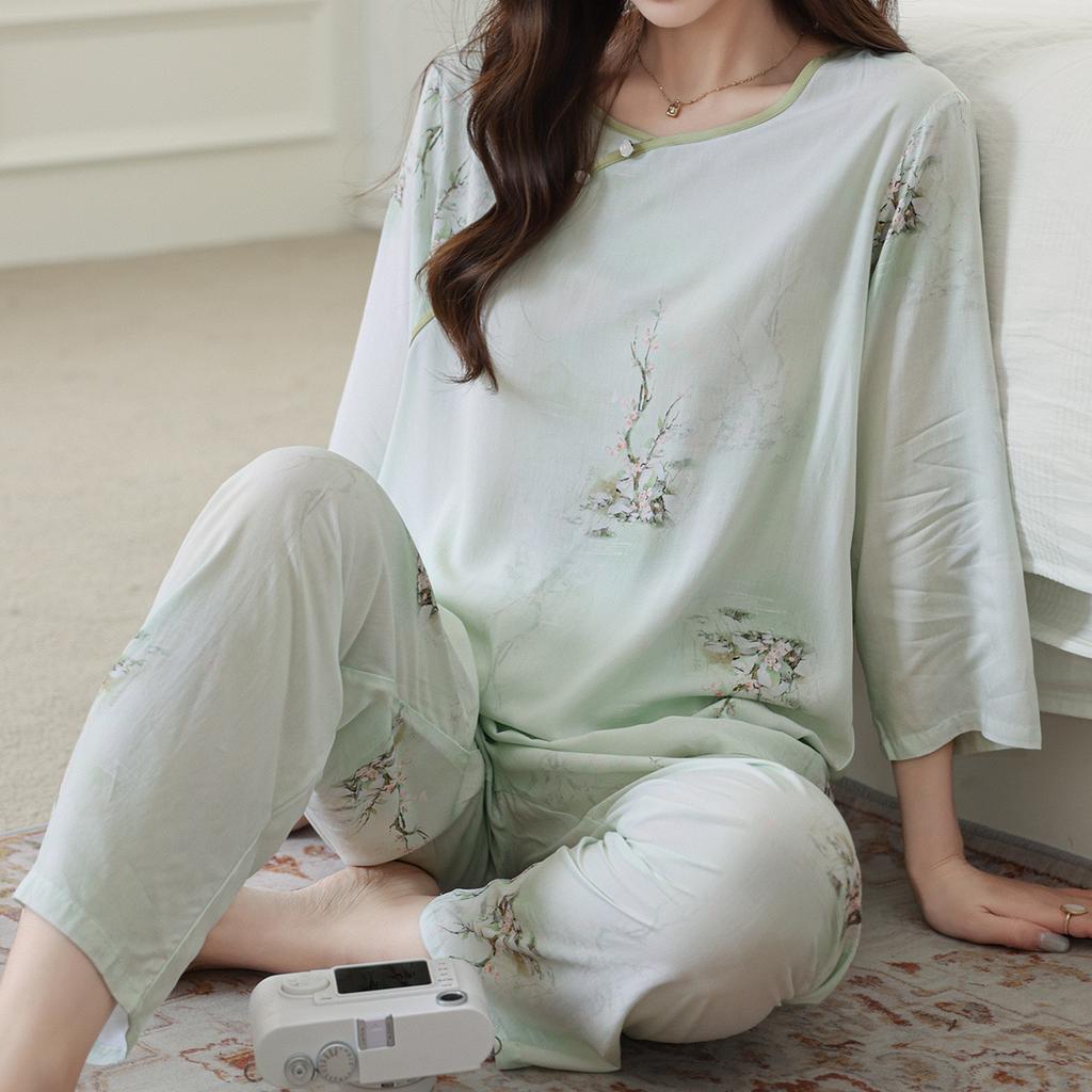 Pajamas women's spring and autumn silk new Chinese loungewear can be worn outside the national style middle-aged and elderly mother's cotton and silk