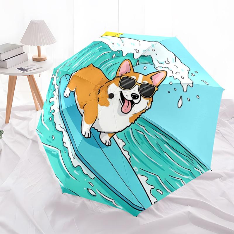 1pc Surfing Corgi Automatic Open/Close Umbrella Compact Folding Umbrella, All-Season Portable Umbrella for Women/Men F1124073