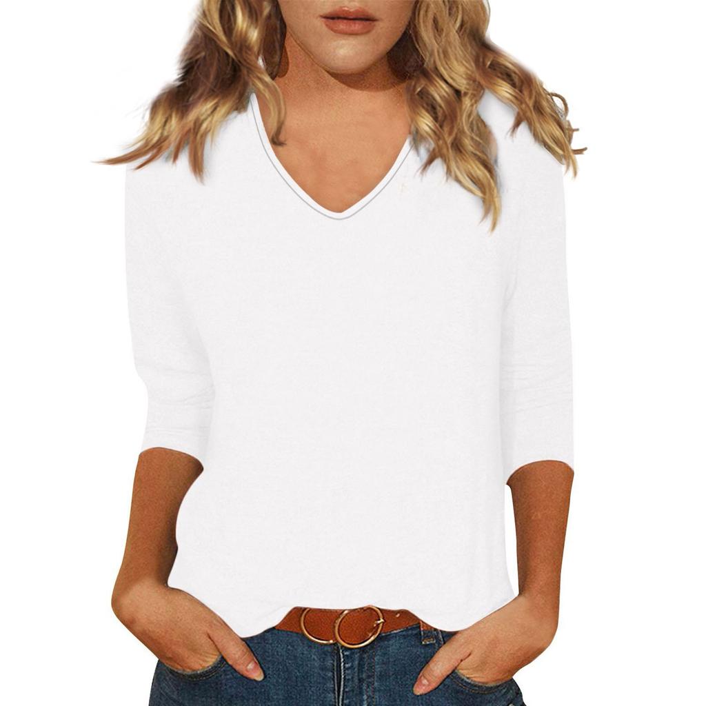 Damen T-Shirt Mode Lässig Alltag Vielseitig V-Ausschnitt 3/4-Ärmel Oberteile Unifarben Bedrucktes T-Shirt Top