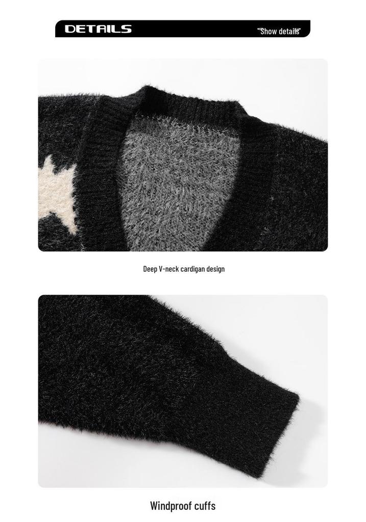 Men's Retro Color Block Thick Knit Cardigan Sweater for Autumn/Winter