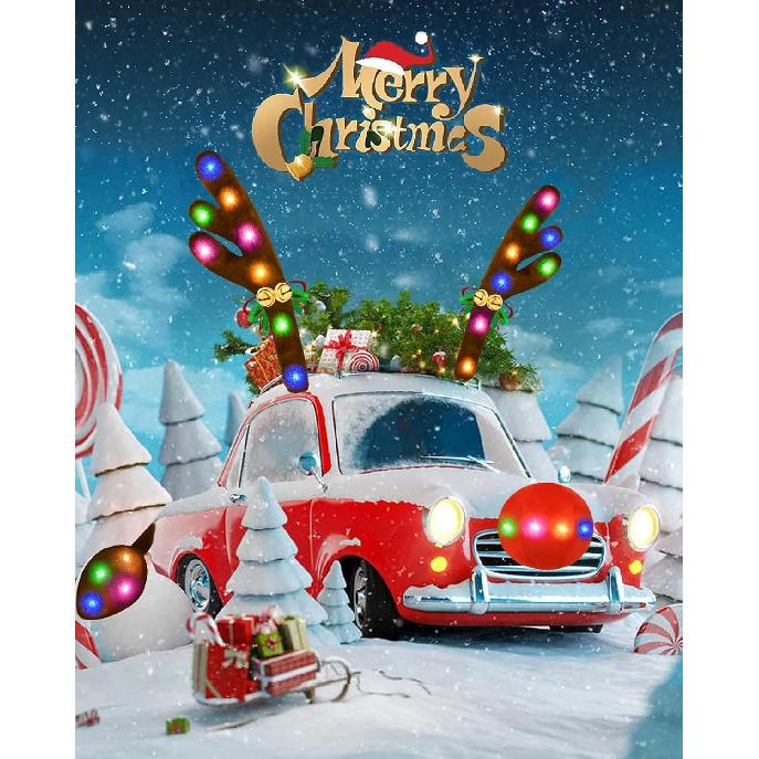 Christmas Reindeer Antlers Car Decoration Kit, LED Multicolor Lights Nose Vehicle With Jingle Bells Rudolph, Auto Holiday Accessories For SUV Van