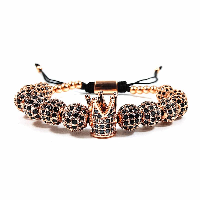European & American Style 8mm CZ Zirconia Diamond Ball Crown Woven Beaded Bracelet for Men & Women, Punk Style