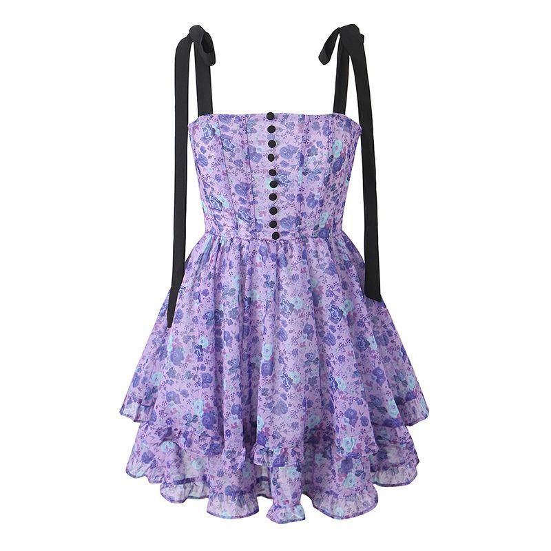 

Adeirlina Sisi Princess French style Sweet Girl Purple Floral Square Collar Cake Skirt Lace-up Sling Dress Purple L