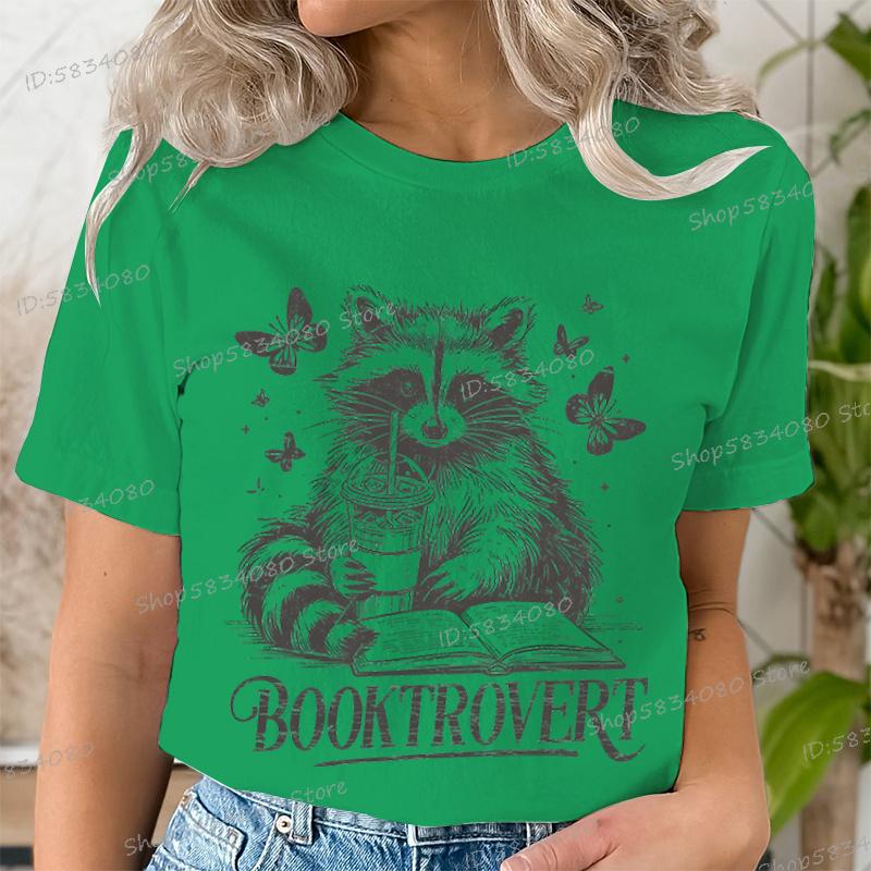 Funny Reading Raccoon Graphic T Shirts Women Booktrovert Essential Classic Tops Casual Book Lover Gift Tee Retro Bookish Clothes