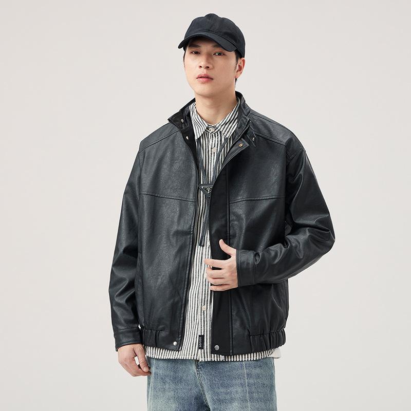 Винтажная однотонная универсальная куртка из искусственной кожи, мужская свободная куртка большого размера с воротником-стойкой, повседневная куртка из байкерской кожи 2XL чёрный
